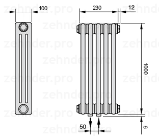 Схема (чертеж) Радиатор Zehnder Charleston 3100/5 №5410 Белый глянцевый RAL 9016